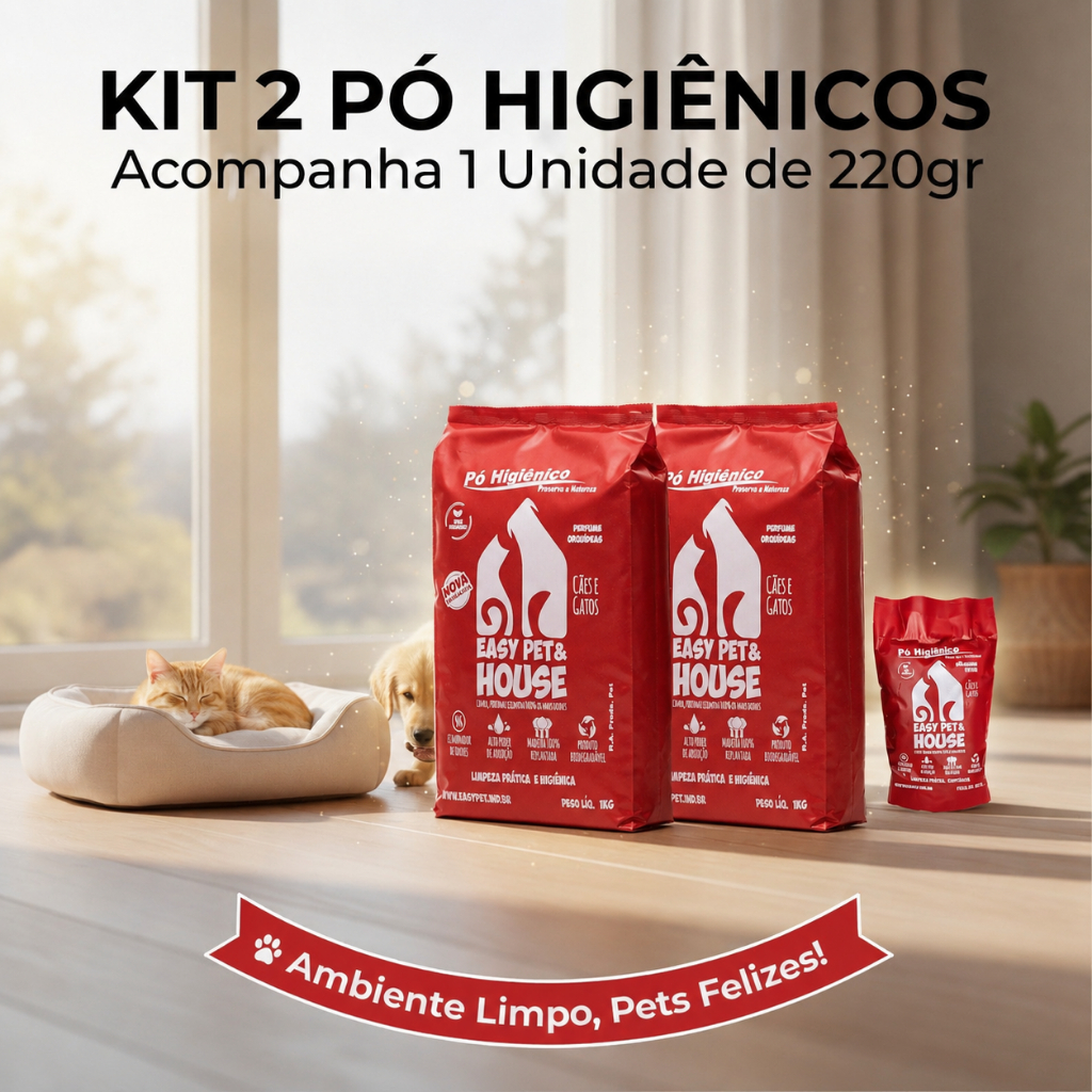Kit 2 unidades1kg + 1 Brinde 220g Pó Higiênico Orquídea Eliminador de Odores Easy Pet & House 1 Kg