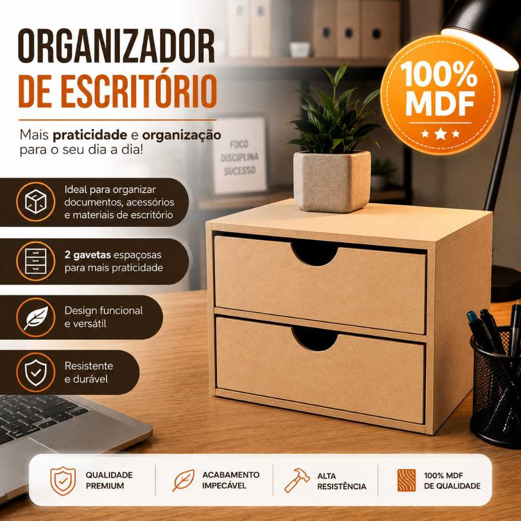 Organizador de Folhas A4 Gaveteiro 2 Gavetas P/ Folhas Documentos Acessórios MDF Crú até 500 Folhas