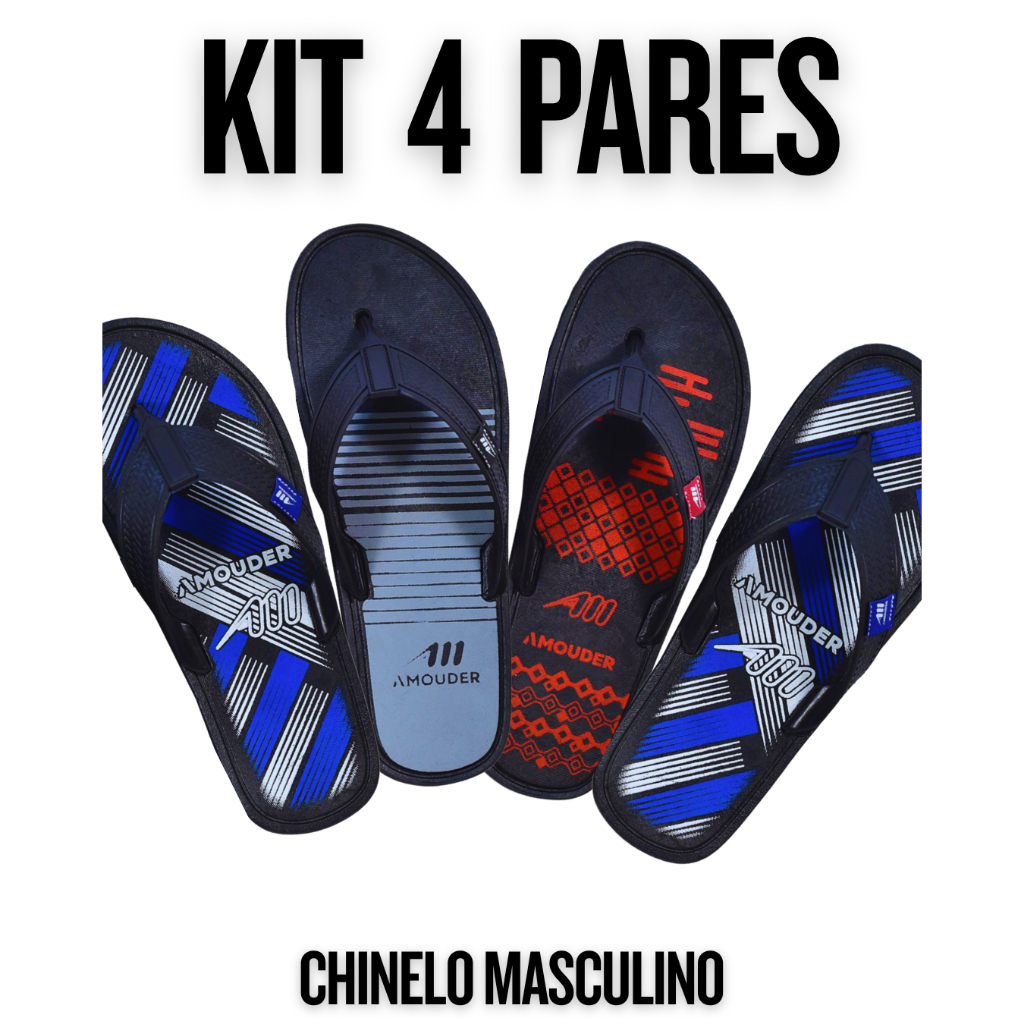 Kit 4 Pares Chinelo Masculino Casual Resistente e Confortável Solado Antiderrapante Para Uso Diário Praia e Lazer Viagem