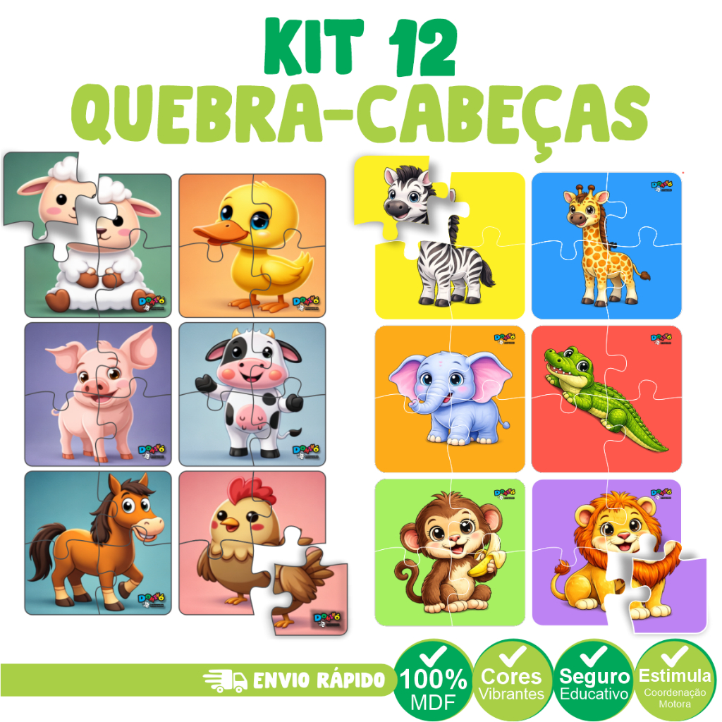 Kit 12 Quebra Cabeça Animais Fazenda Floresta Dinossauro Patrulha Canina Madeira Com 4 Peças
