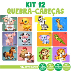 Kit 12 Quebra Cabeça Educativo Diversos temas Com 4 Peças