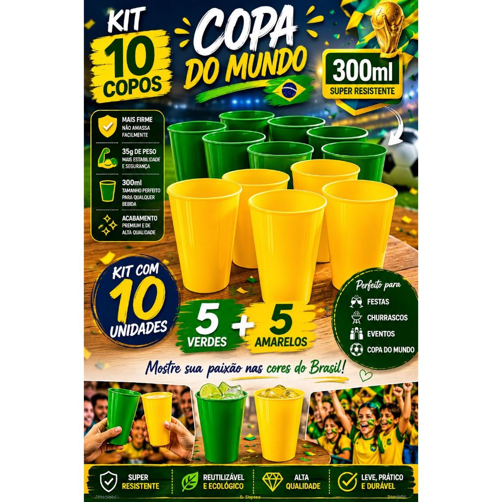 KIT 10 COPOS 300ml PLÁSTICO REUTILIZÁVEL | Copa do Mundo 2026