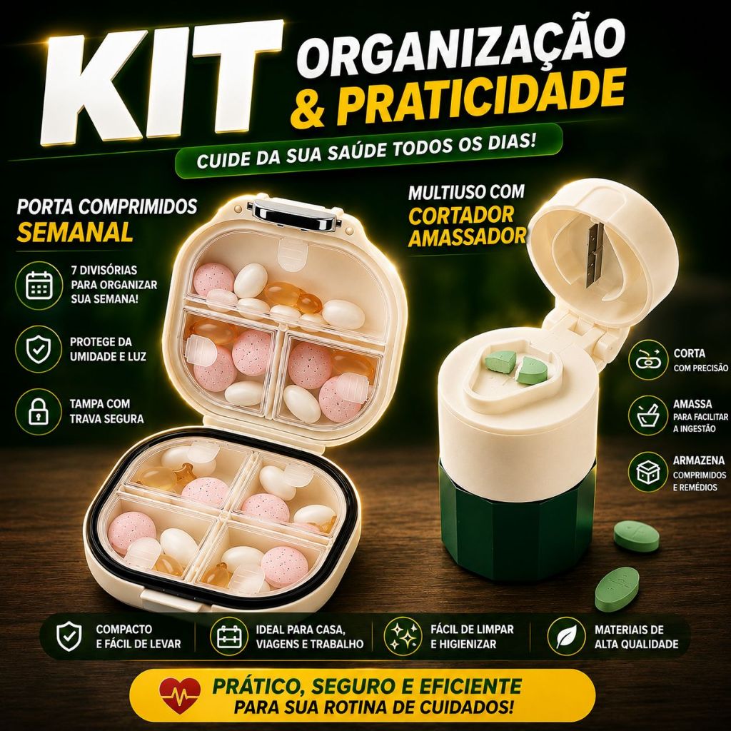 Kit Porta Comprimidos Semanal Multiuso com Cortador Amassador e Triturador de Remédios 3 em 1