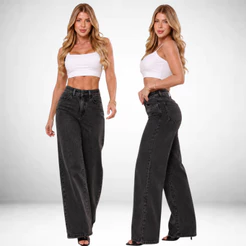 Calça Wide Leg Jeans Feminina Marmorizado Preto Cintura Alta Levanta Bumbum 100% Algodão 34 ao 48