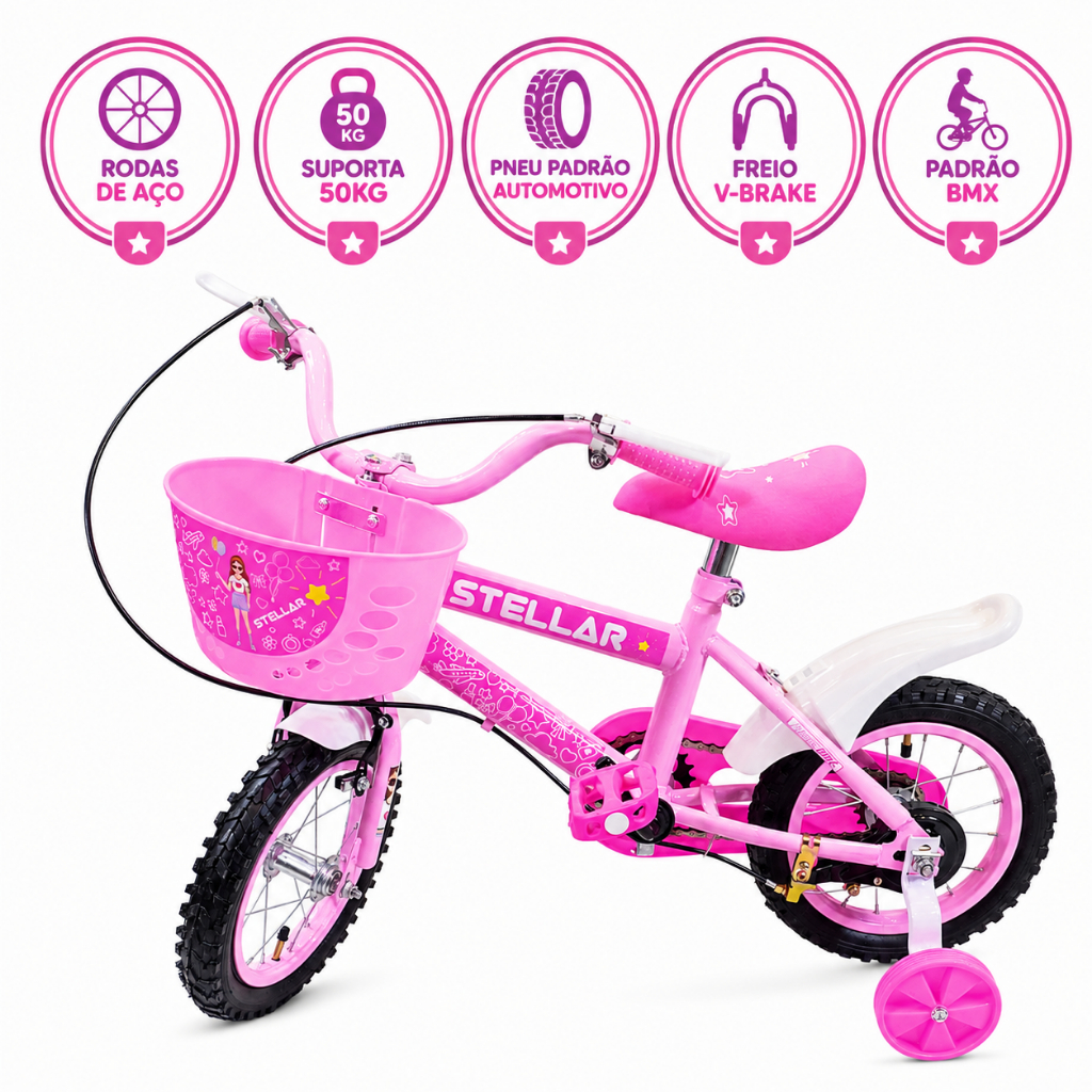 Bicicleta Aro 12 Rodas e Raios de AÇO - Meninas de 2 a 7 anos - Durabilidade C/ Pneu Automotivo