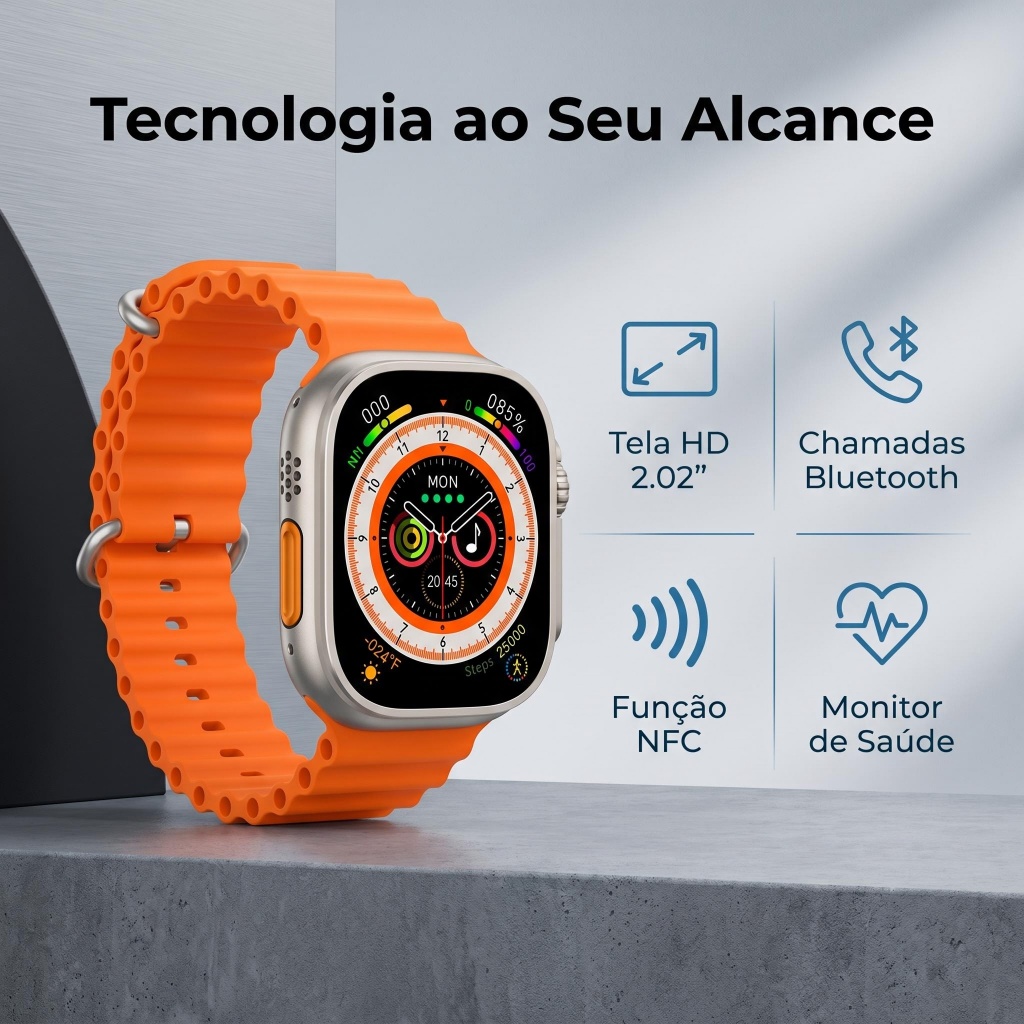Smartwatch X8 Ultra NFC 49mm Tela 2.02” HD Chamadas Bluetooth Monitor Cardíaco Relógio Inteligente Esportivo