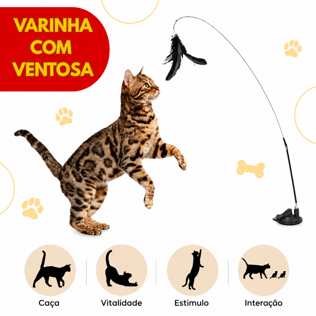Brinquedo Interativo Varinha Pena Com Ventosa Que Fixa No Chão Para Gatos Adultos e Filhotes