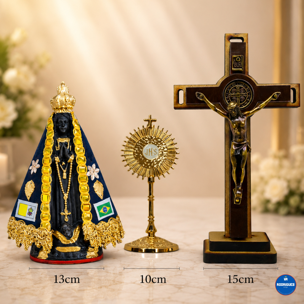 Kit Religioso Nossa Senhora Aparecida + Ostensório + Crucifixo Decoração Católica