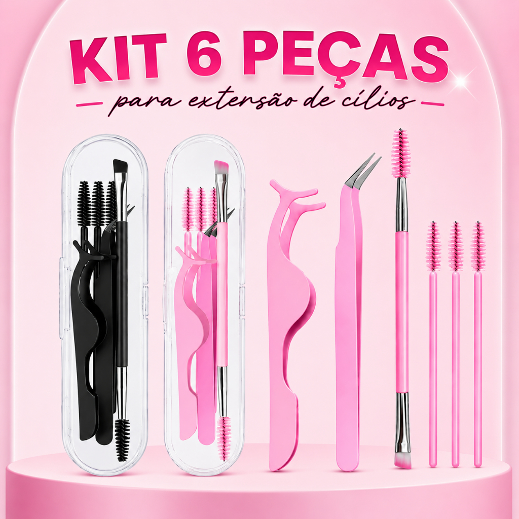 Kit Extensão de Cílios com 6 Peças Pinça ,Aplicador de Cílios Postiços,Pincel Duplo,Escovinhas e Box