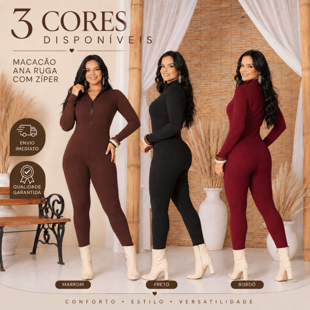 Macacão Feminino Ana Ruga Gola Alta Zíper Frontal Manga Longa Premium Anarruga Modela Corpo Inverno