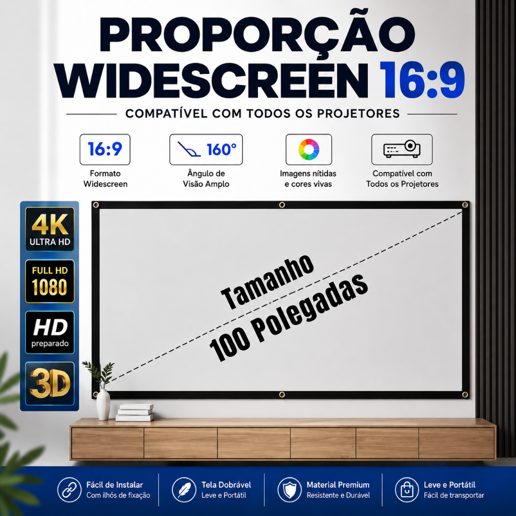 Tela de Projetor Refletiva Portátil 100 Polegadas 4K Full HD 16:9 Antirreflexo Para Home Theater Party Basta