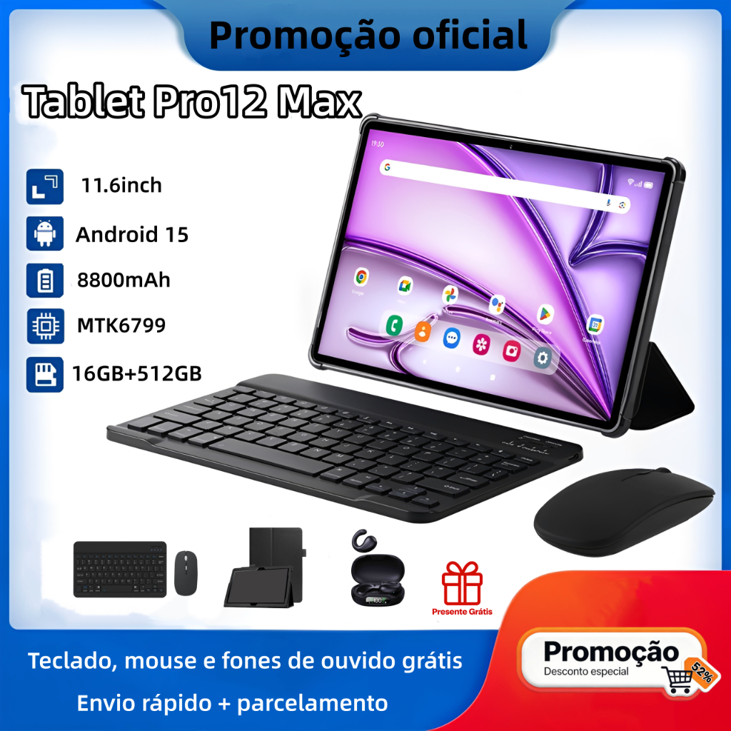 【Teclado e mouse grátis】Tablet  Pro12 Android 11,6 polegadas 12 GB + 512 GB 8800 mAh Envio rápido 5G/Wi-Fi