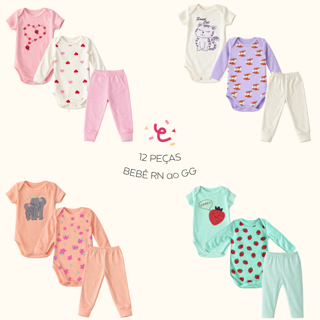 Kit 12 Peças Roupa de Bebê Menina Enxoval Infantil Bory Bebê Menina Body Manga Longa Bebê Menina