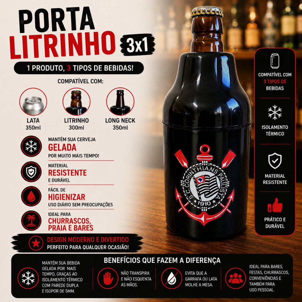 Porta Lata Corinthians 3 em 1 Suporte Long Neck Lata e Litrinho 300ml Cerveja Gelada Térmico