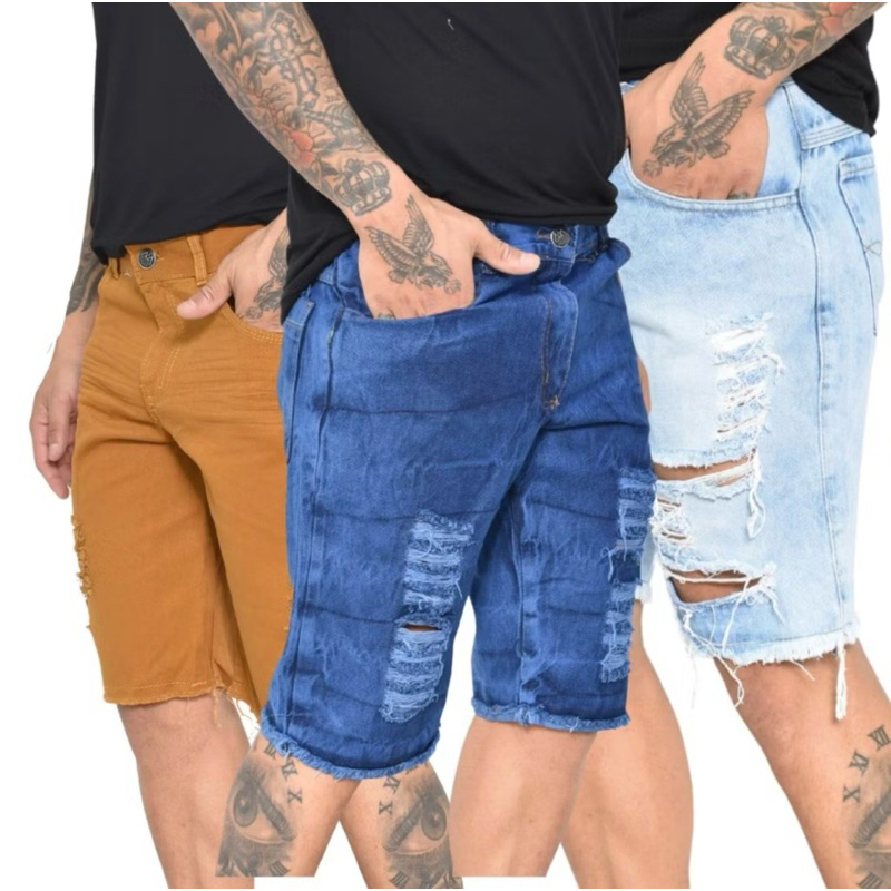 No.5 Kit 3 Bermudas Jeans Masculinas Premium Rasgada Slim Fit Confortável Moda Casual