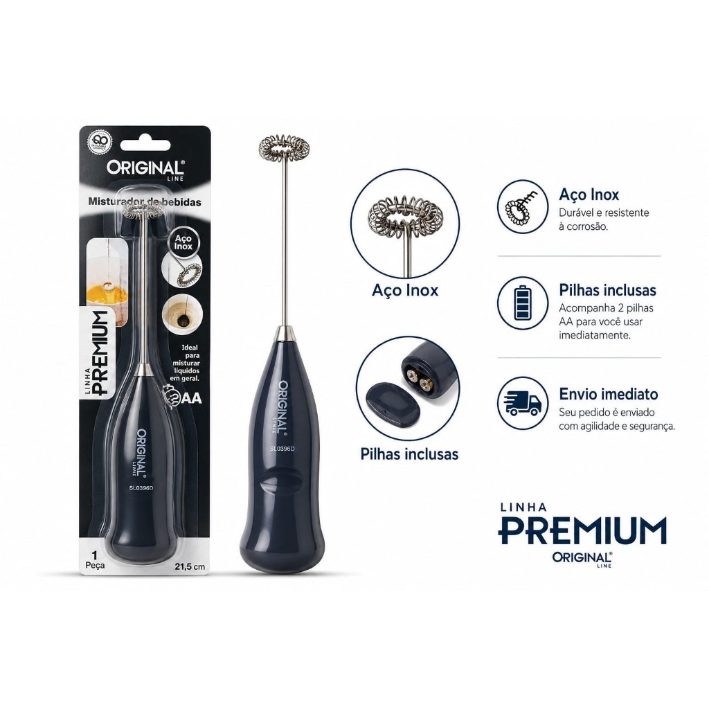 Misturador De Bebidas Mixer Elétrico Portátil Original Linha Premium Aço Inox Pilhas Inclusas
