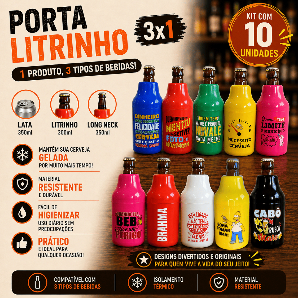 10 Porta Lata 3x1 Suporte Garrafa 300ml Long Neck Litrinho Misto