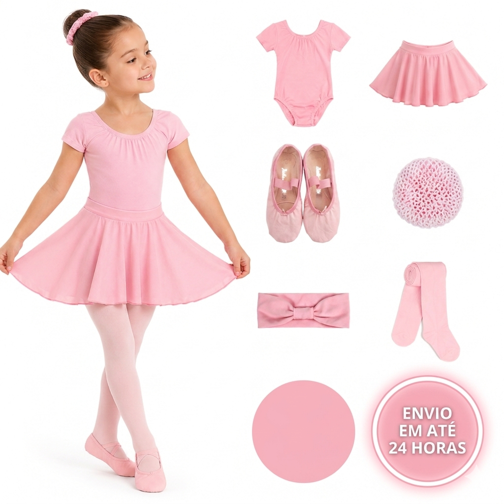 Malu Sports Ballet Kit Completo Infantil / 6 Itens Collant, Saia, Meia Calça Fio 40, Sapatilha Sintética, Rede e Faixa
