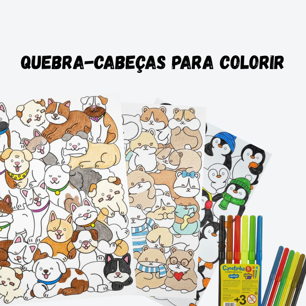 Kit 3 Quebra Cabeça Infantil Educativo Para Colorir Com Canetinha Apagável