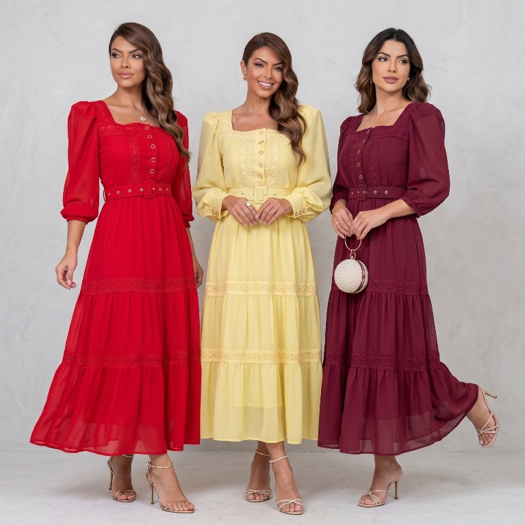 Vestido Feminino Tamires Evangélico Midi Botões e Cinto Madrinha Festa Mangas 3/4 Bufantes CN