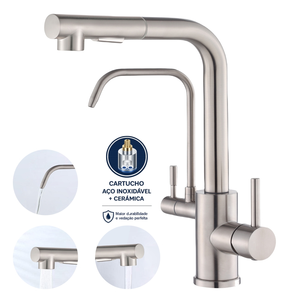 Torneira Cozinha Gourmet Bancada Luxo Escovado Aço Inox Com Saída De Filtro Yesop
