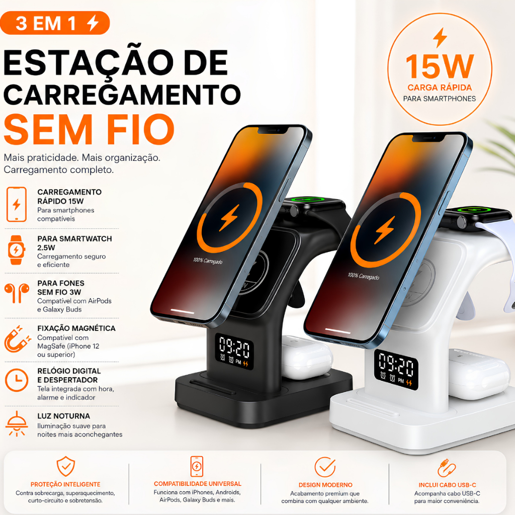 Carregador Indução 5 em 1 Magsafe iPhone Samsung Watch Air Pods com Luminária