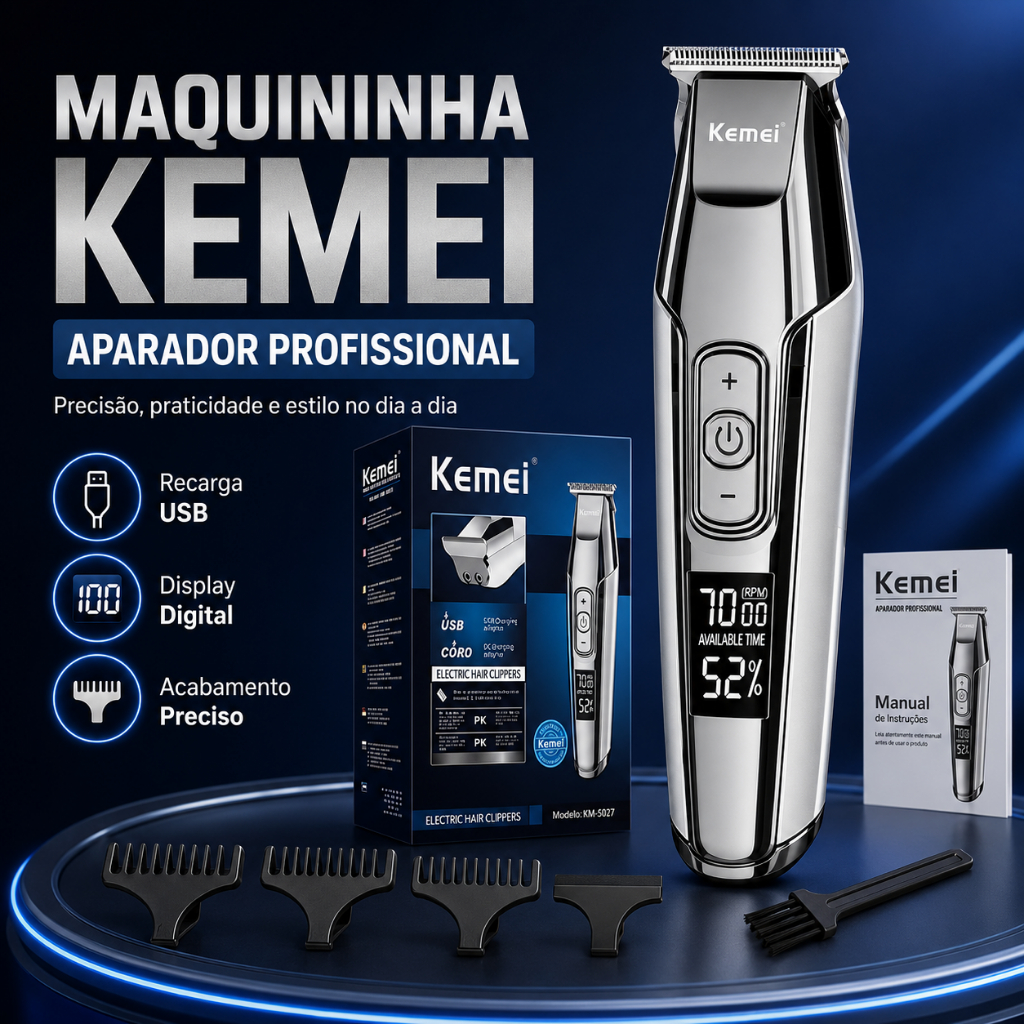 Cortador de Cabelo Kemei Km-5027 Sem Fio Bivolt Display LCD Pentes Guia Oferta!!