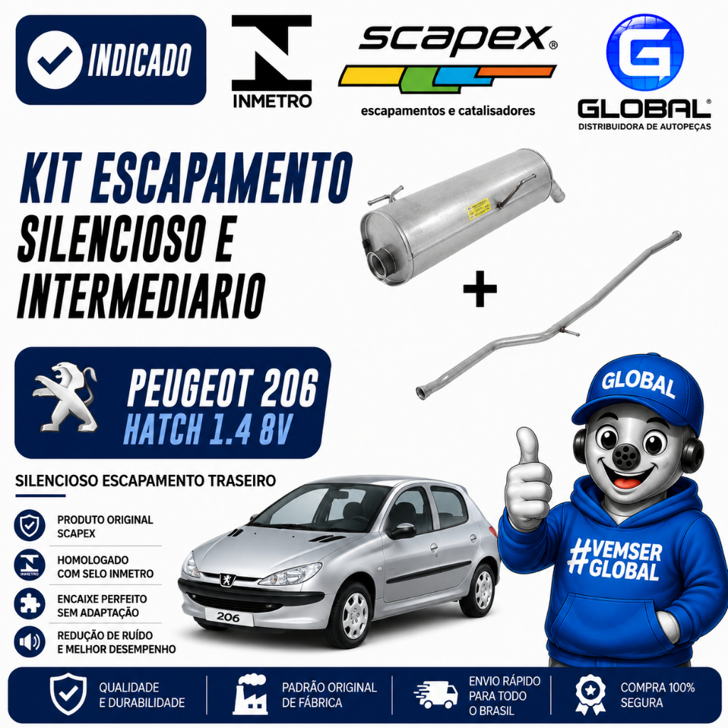 Kit Escapamento Silencioso e Intermediario Peugeot 206 Hatch 1.4 8v