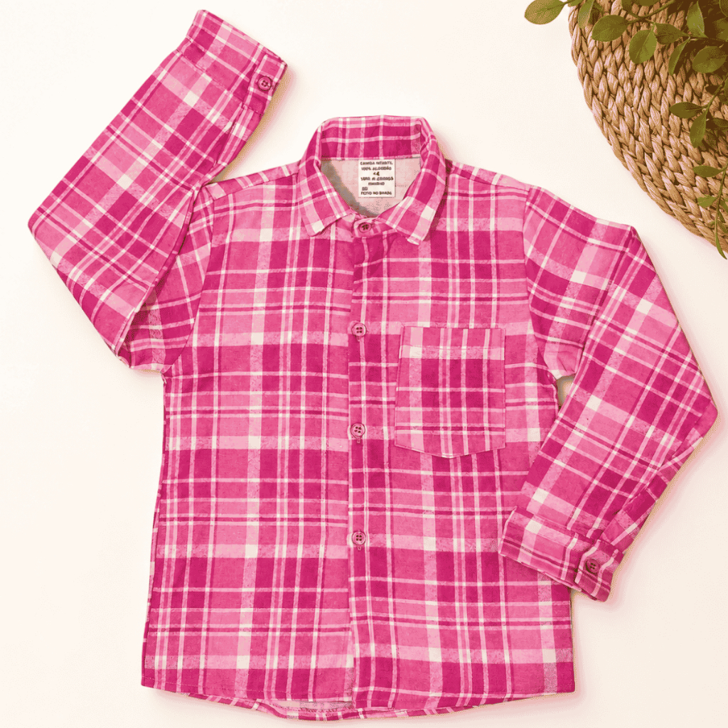 CAMISA XADREZ ROSA MENINA COM LENÇO QUENTINHA ALGODÃO FLANELADA