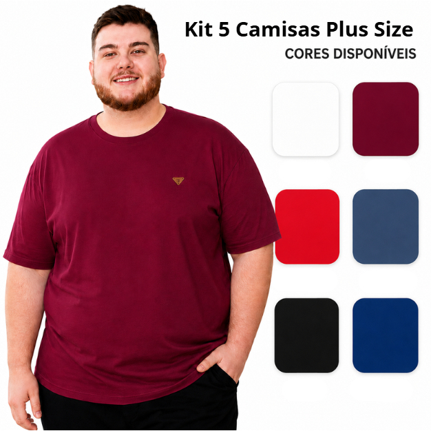 Kit 5 Camisetas Masculina 100% Algodão Gola Redonda Plus Size Camisa Gola O