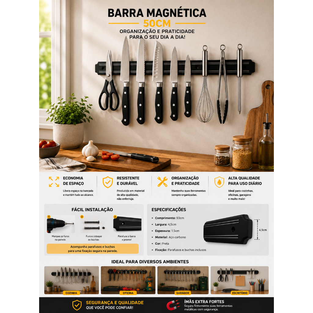 Barra Suporte Magnetica Parede Porta Faca Faqueiro Organizador