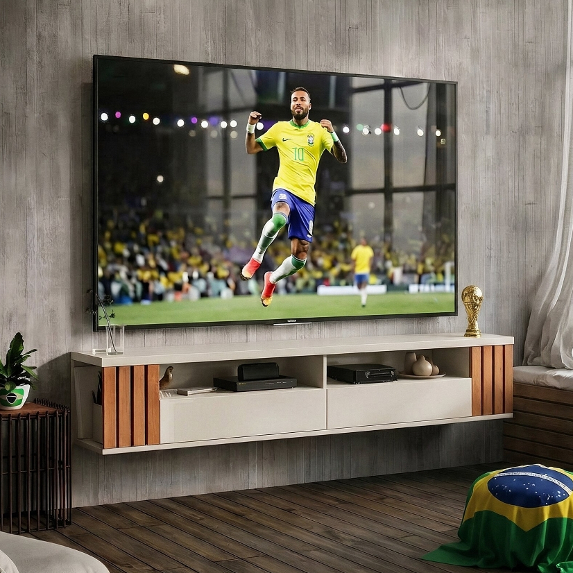 Rack Ripado Suspenso Luxo Para TV até 80 Polegadas Com Nichos e Portas