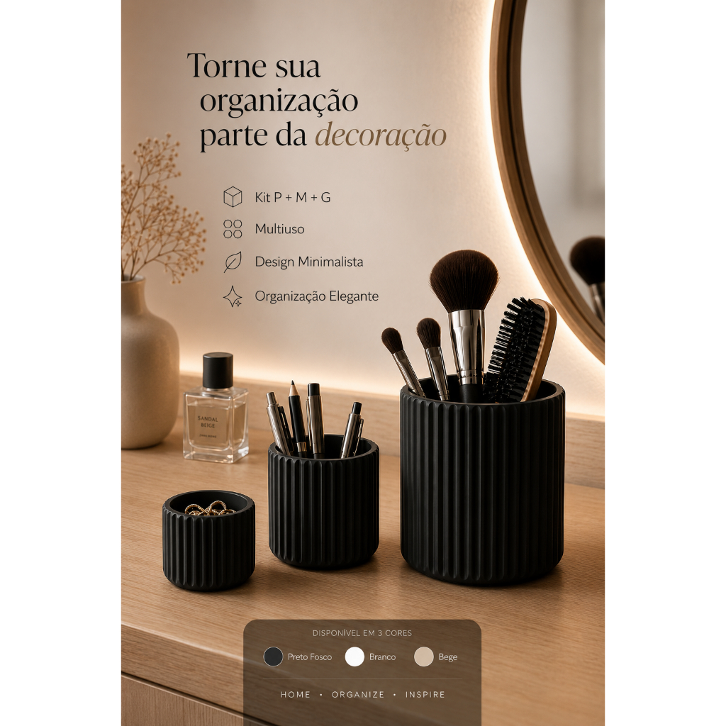 Kit 3 Organizador Canelado Minimalista Porta Objetos Multiuso Decorativo para Mesa e Penteadeira
