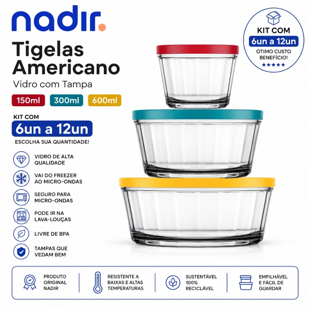 Kit Tigelas Marinex Americano Vidro Com Tampa 150ml 300ml 600ml Pote Nadir Figueiredo 6 12 Unidades