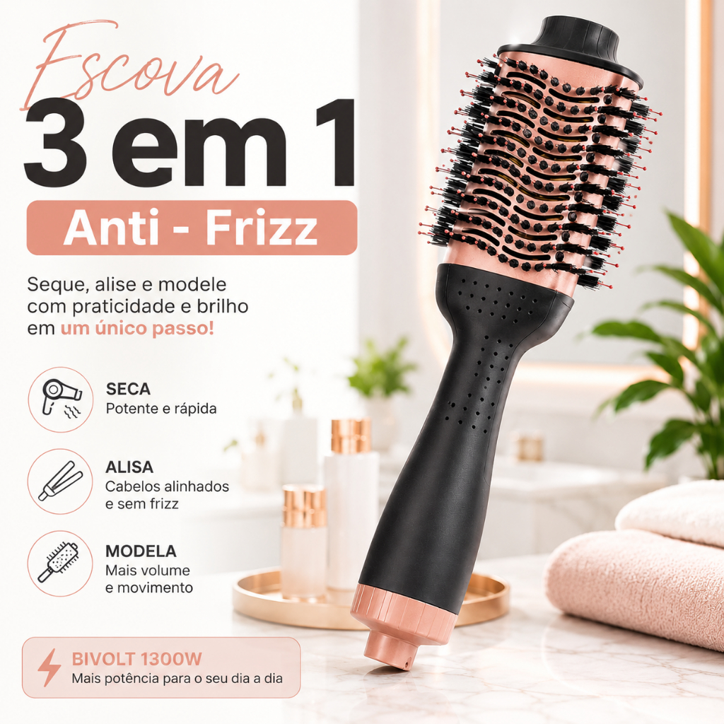 Escova Secadora e Modeladora Profissional 1300W | Cabelos Lisos e Sem Frizz Ergonômica Bivolt