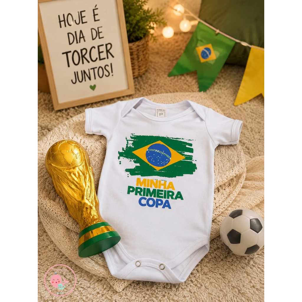 Body Bebê Minha Primeira Copa Brasil Taça 3D Torcida Infantil Menino Menina Algodão