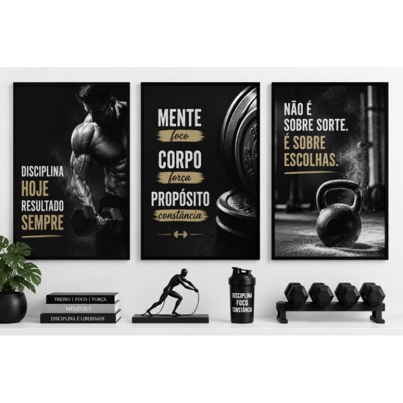 Quadro decorativo 3 peças academia frase motivacional fitness disciplina foco corpo