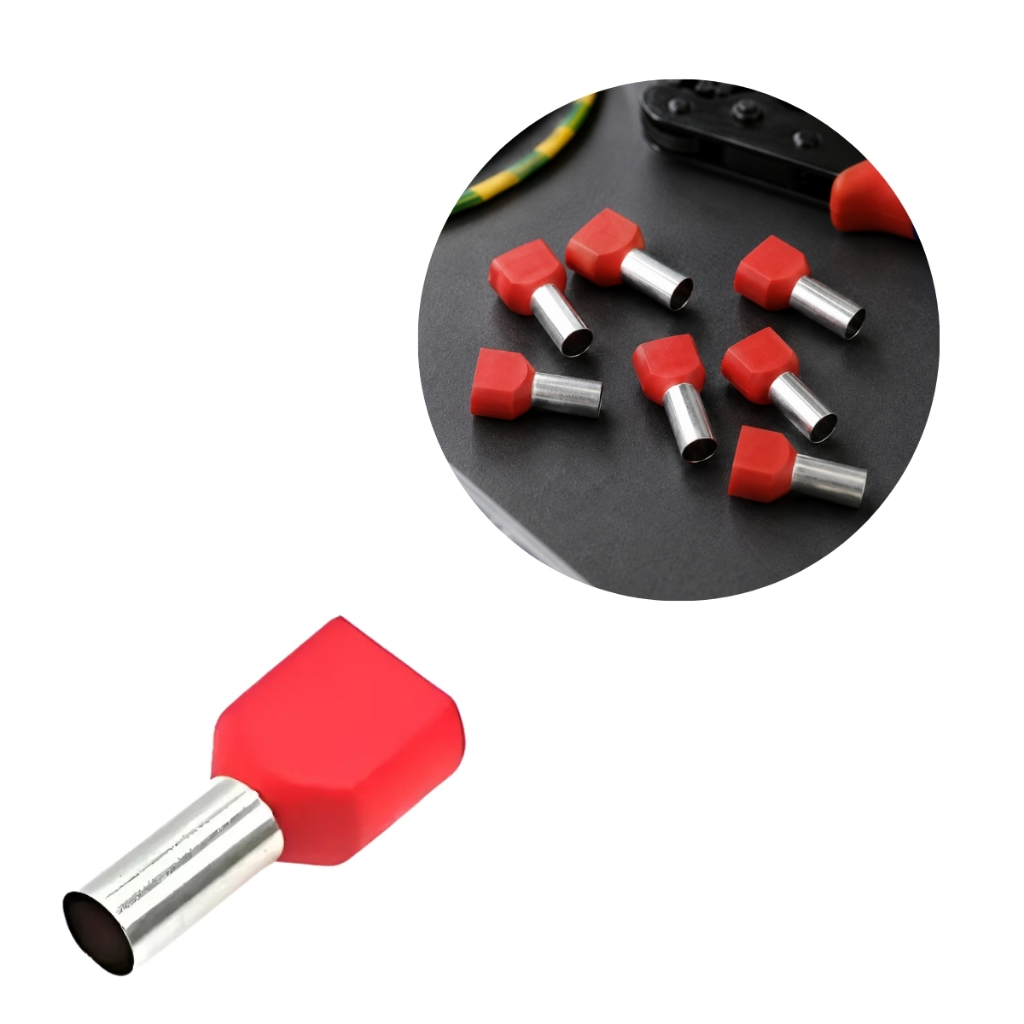 Kit Terminal Tubular Ilhós Duplo 10mm Vermelho Com 100 Peças Cobre Estanhado