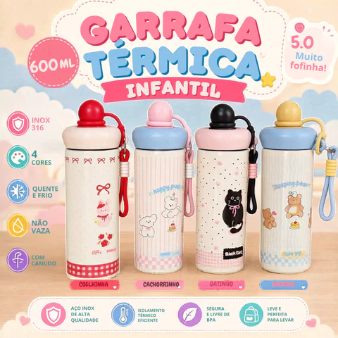 Garrafa Térmica Inox 500ml Kawaii Antivazamento com Canudo Alça e Abridor