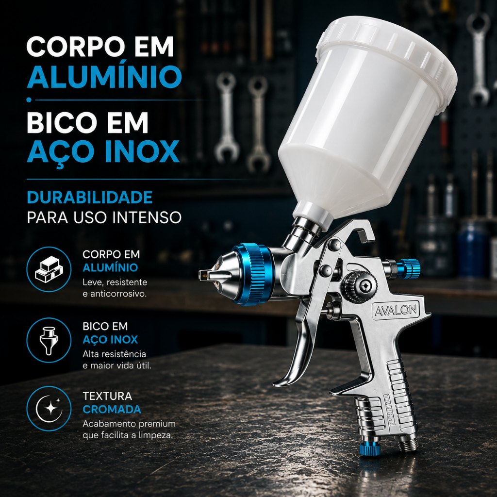 Revolver de Pintura HVLP Profissional Automotivo Tipo Gravidade Avalon H-827 Bico 1.7mm Caneca 600ml