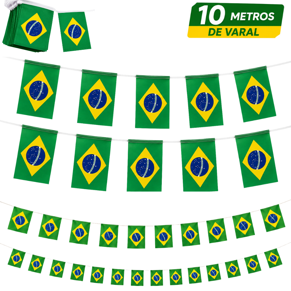 Bandeirinha do Brasil 10 Metros Copa do Mundo Bandeiras de Tecido Varal Kit