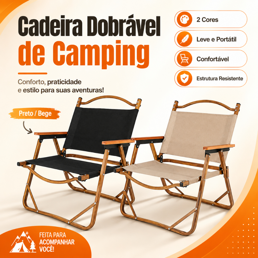 Cadeira Andrade Dobrável para Atividades Camping e Pesca Acabamento dos Braços em Madeira