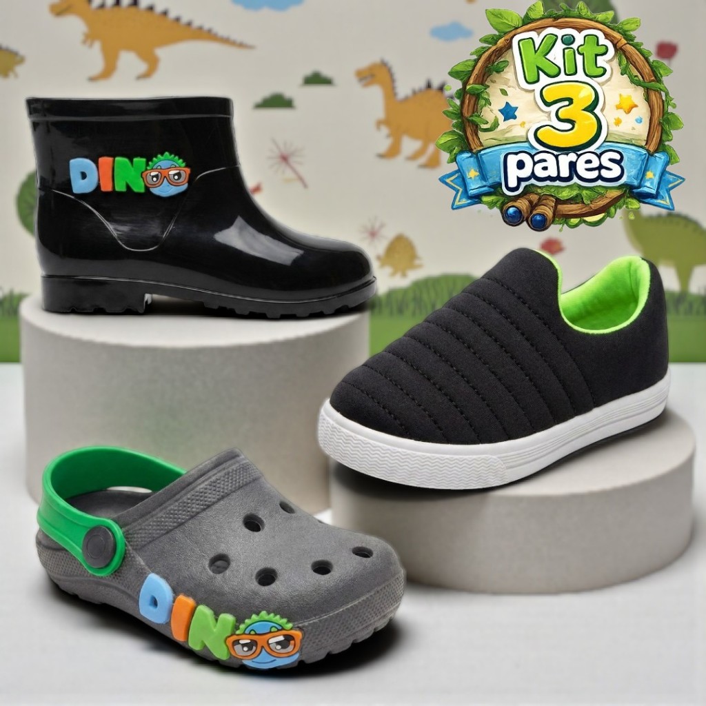 Kit 3 Pares Infantil Menino Calce Fácil, Galocha e Babuche Leve e Confortável