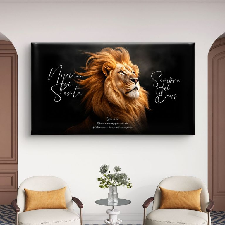 Quadro MDF 110x70 Decoração Parede Sala Leão Judá Nunca Foi Sorte Sempre Foi Deus