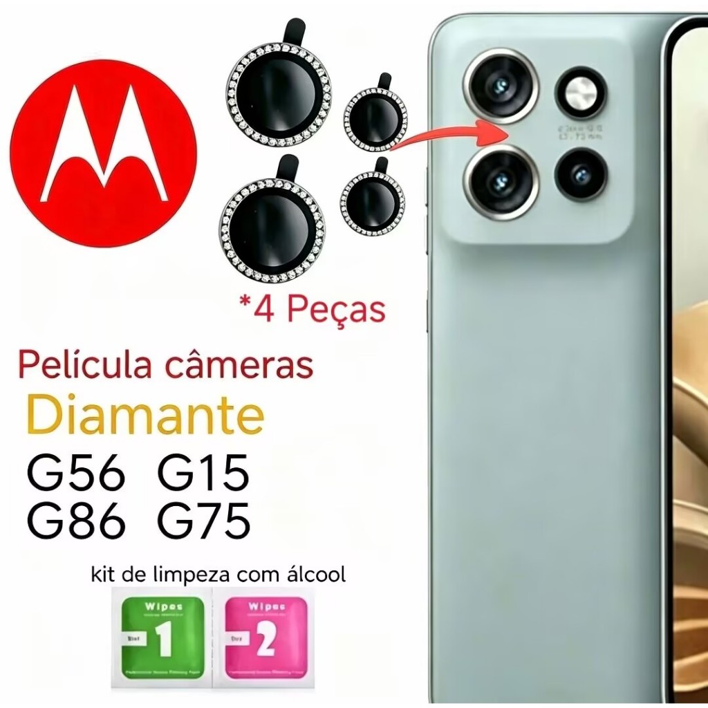 Kit 4 Peças Película Câmera Diamonte Motorola G15/G75/G56/G86 Brilhente Anti Risco Protetor da Lente com Strass