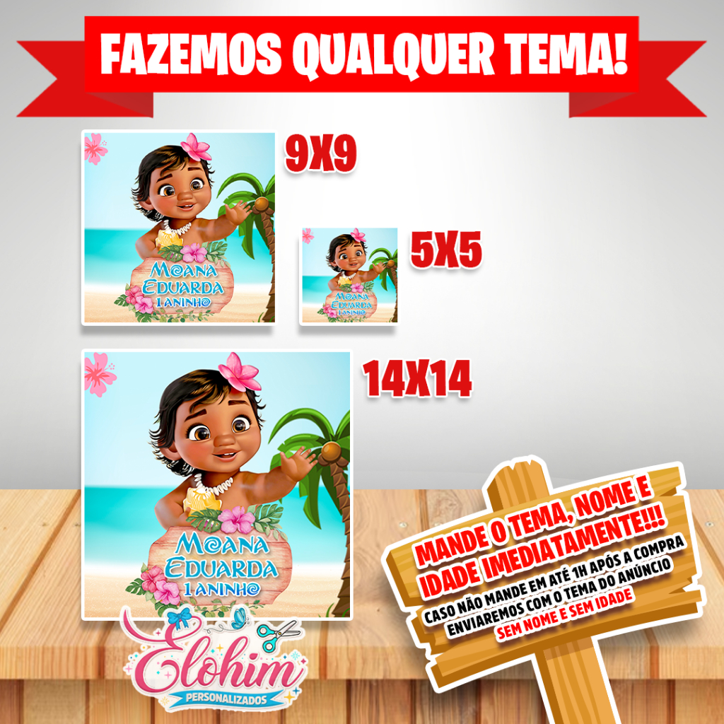 Adesivos quadrados personalizados (5X5 / 9X9 / 14X14) - Moana Baby