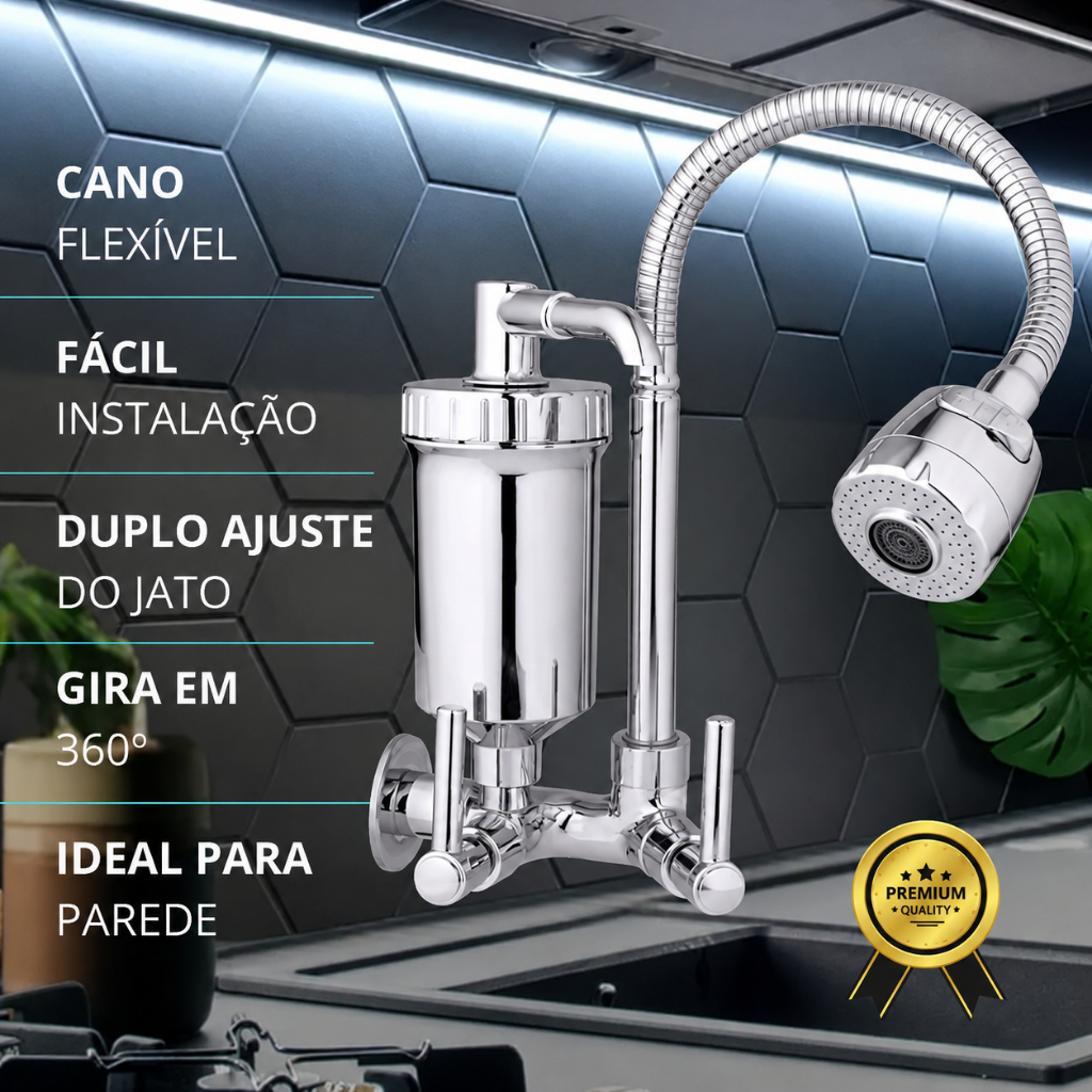 Torneira Gourmet Com Filtro Parede Pia Cozinha Luxo 1/4 De Volta Cano Flexível Jato 02 Modos
