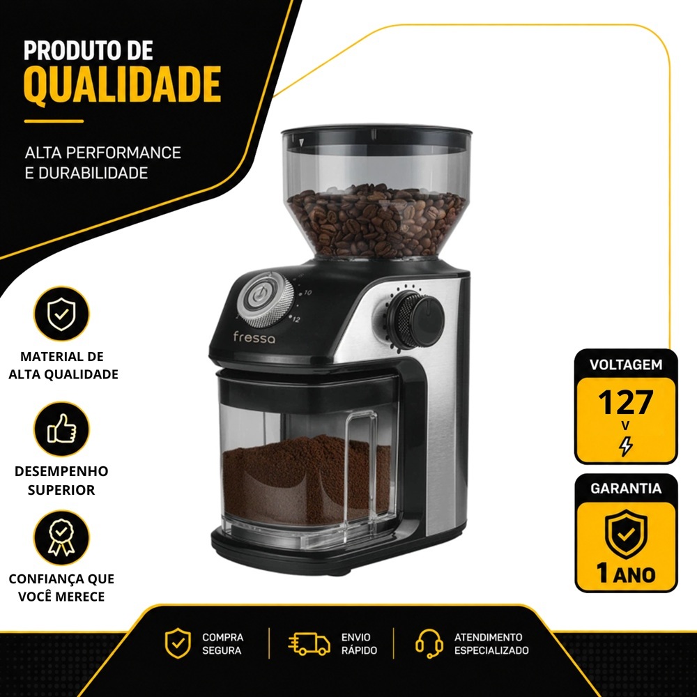 MOEDOR ELÉTRICO FRESSA PARA CAFÉ COM 18 NIVEIS DE MOAGEM EM AÇO INOX 150W PRETO 127V FR02