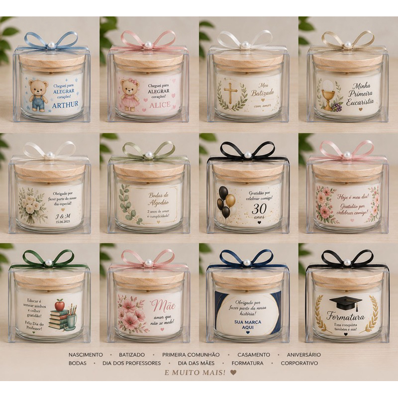 Vela Aromática Personalizada 150g - Lembrancinha Maternidade, Casamento, Batizado, Aniversário, Brinde Corporativo.