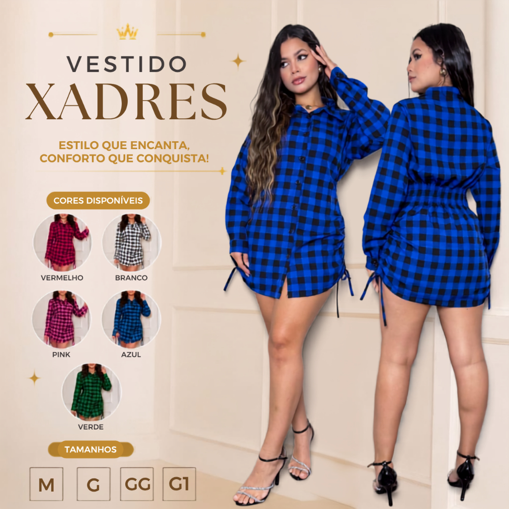 Vestido Camisa Xadres Femenino, Manga longa.
